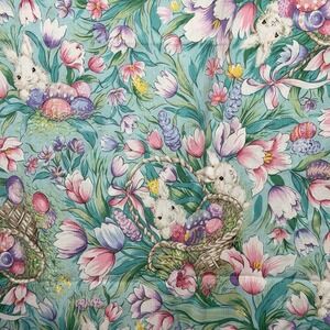 VTG‎ 90s Easter Bunny Tulip Floral Tablecloth Pastel Bardwil Style 48x51 Spring